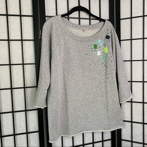 Gap Crewneck Sequin Beaded Rhinestone Sparkle Pullover Sweatshirt Grey Small - Picture 2 of 7